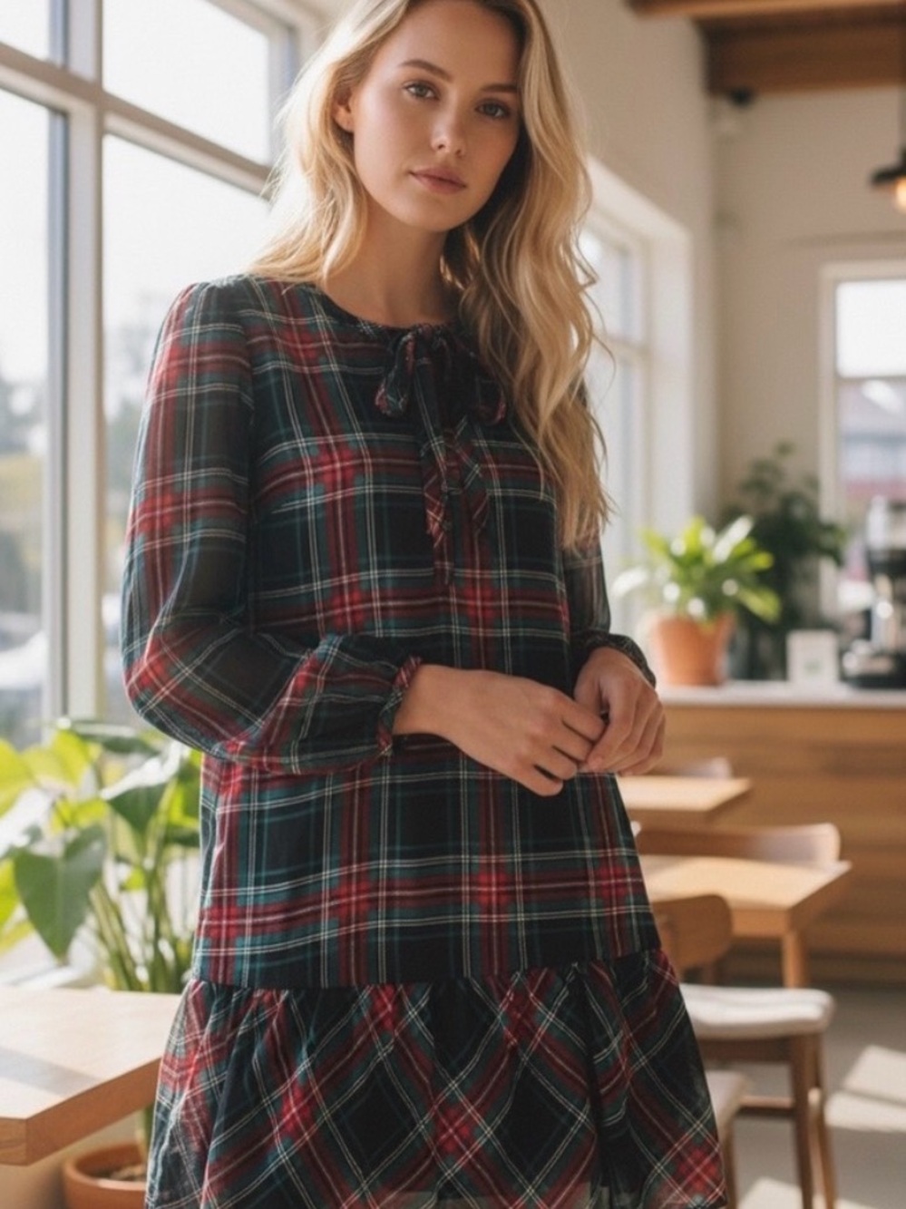 Draper James Holiday Red & Green Plaid Tie-Neck Midi Dress medium